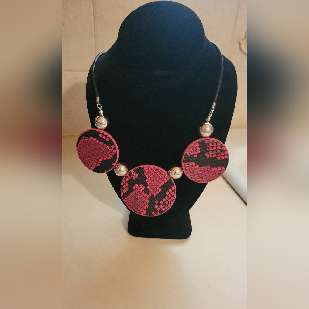 Paparazzi Statement Pink and Black Snake-Print Disc Necklace - Women Jewelry